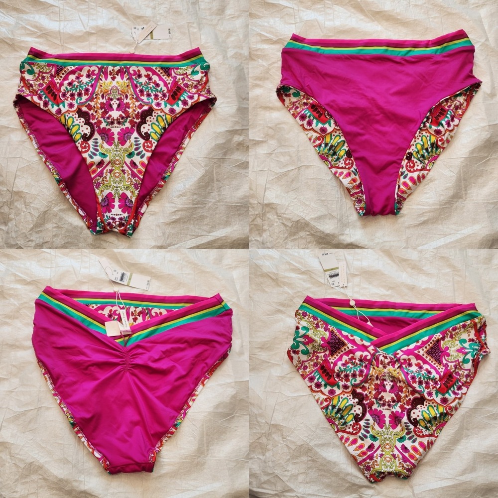 Trina Turk Reversible V-Back High Waist Bikini Bottom 14 Magenta Paisley 3844655